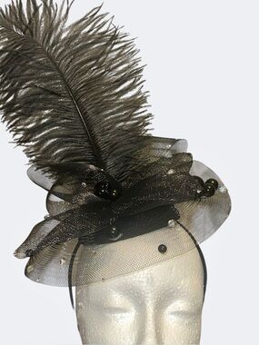 Fascinator Hat Kentucky Derby Black Accent Crystals Pearls & Feathers NEW